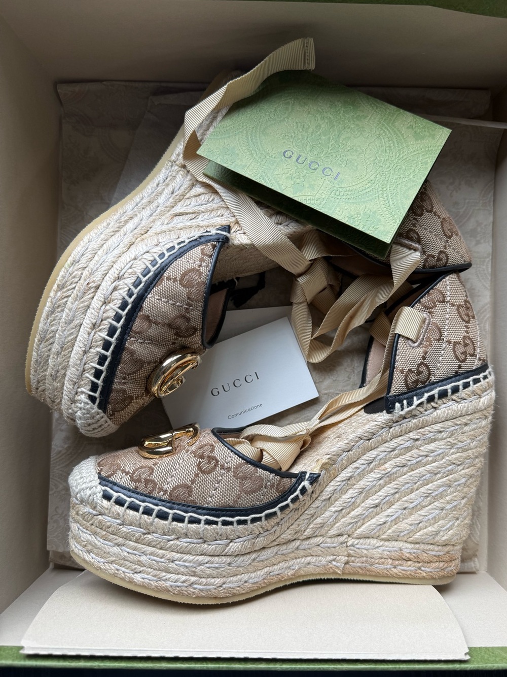 Gucci Beige Monogram Espadrille Wedge Sandals with Gold Logo - Picture 6 of 13